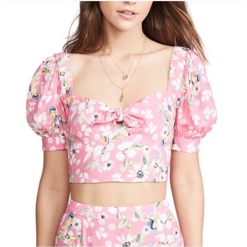 Yumi Kim Billie Jean Floral Pink Puff Sleeve Crop Top L NWT